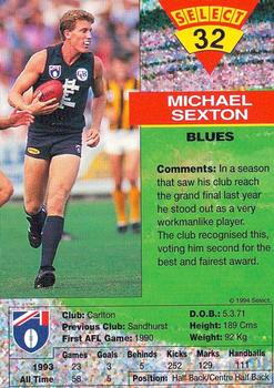 1994 Select AFL #32 Michael Sexton Back